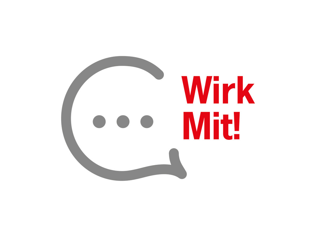 Logo mit Sprechblase und drei Punkten, daneben der Schriftzug WirkMit!.